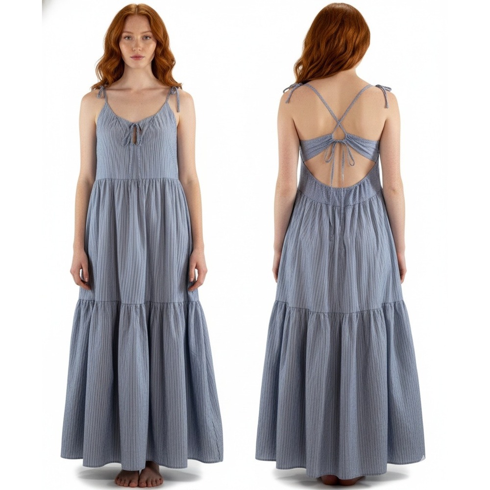 Forever 21 Maxi Dress‎ Womens Small Blue White Stripe Tiered Babydoll Open Back